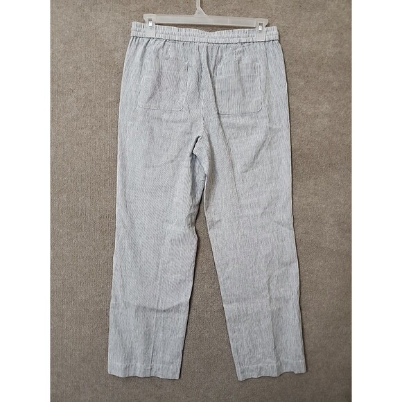 Talbots Linen Blend Pants Women 10 Blue White Stripe Pull On Drawstring Straight - Picture 4 of 8